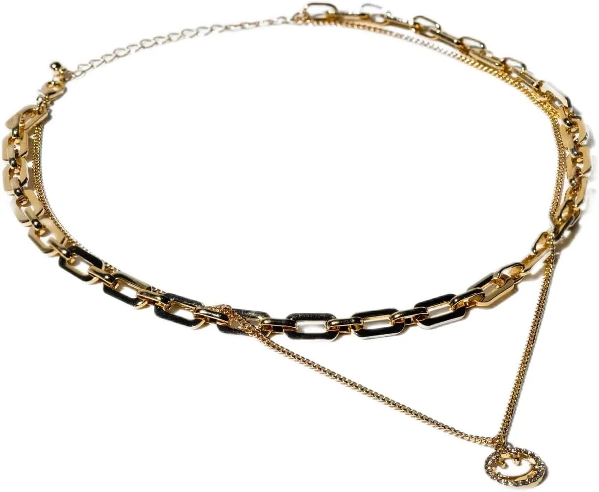 Charming Charlie 2-Layered Gold-Plated Choker Necklace - Chain Link Choker and Curb Chain with Smiley Face Pendant - Women's Simply Radiant Layered Necklace for Effortless Elegance.
