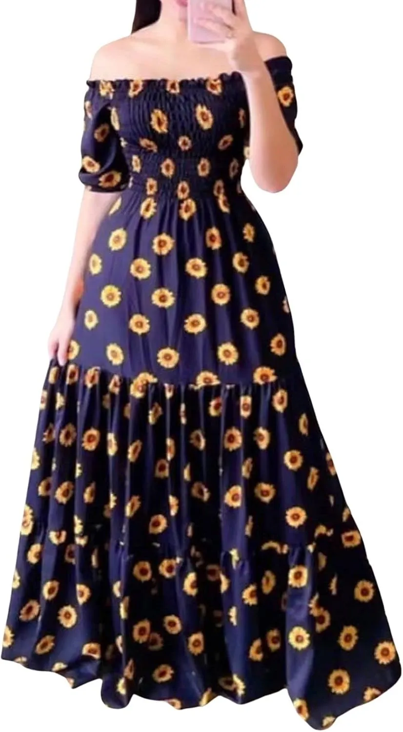 CHARTOU Women Off Shoulder Maxi Dress Pleated Smocked Floral Summer Dress Boho Beach Long Flowy Dress Print