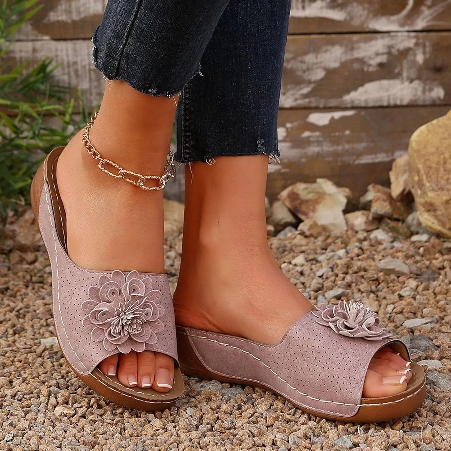 Chic Flowers Orthopedic Sandals for Women Summer Beach Comfortable Sandals Wedge Low Open Toe Slides Fish Mouth Leather Slippers Dressy Casual Slip-On with Arch Support