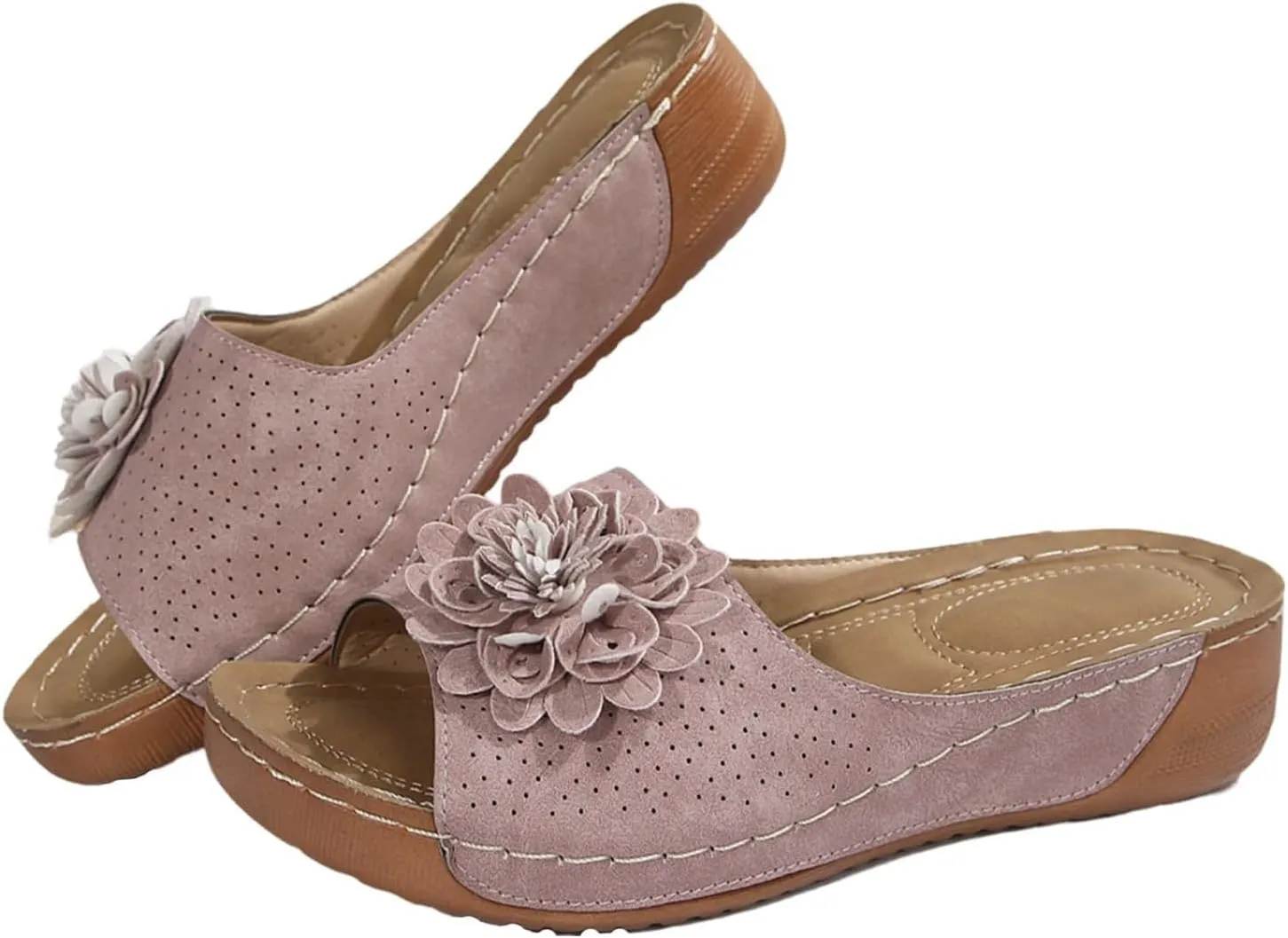 Chic Flowers Orthopedic Sandals for Women Summer Beach Comfortable Sandals Wedge Low Open Toe Slides Fish Mouth Leather Slippers Dressy Casual Slip-On with Arch Support