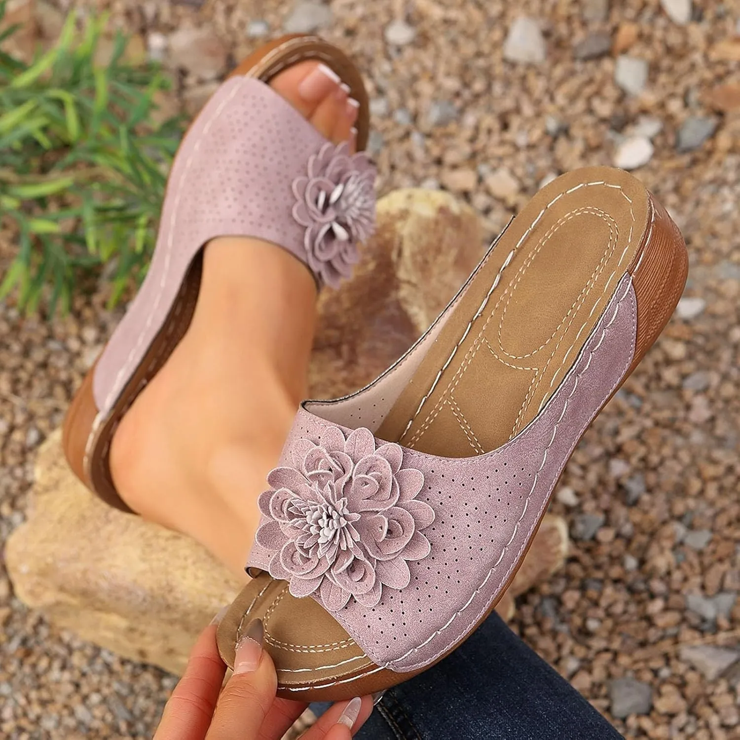 Chic Flowers Orthopedic Sandals for Women Summer Beach Comfortable Sandals Wedge Low Open Toe Slides Fish Mouth Leather Slippers Dressy Casual Slip-On with Arch Support