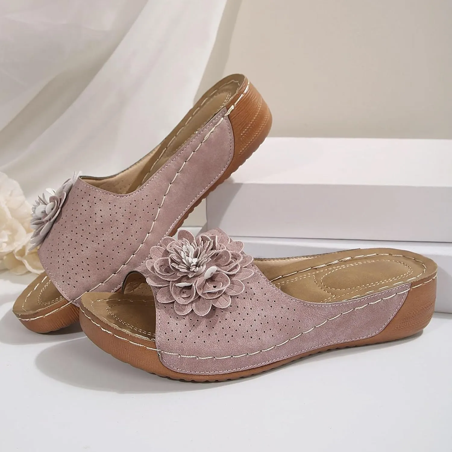 Chic Flowers Orthopedic Sandals for Women Summer Beach Comfortable Sandals Wedge Low Open Toe Slides Fish Mouth Leather Slippers Dressy Casual Slip-On with Arch Support