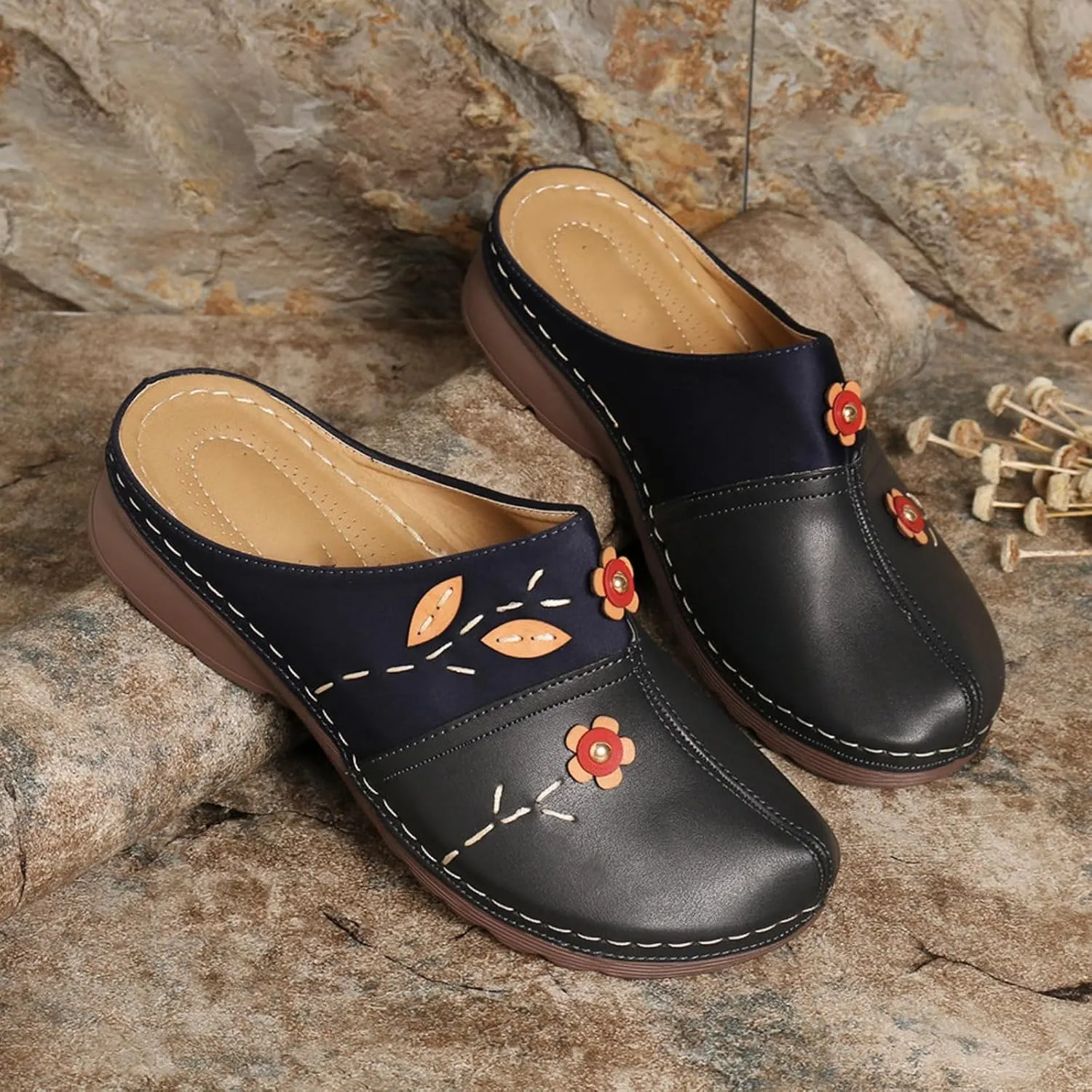 Clogs for Women Slip On Mules Wedge Orthopedic Sandals for Women with Arch Support Close Toe Slip On Soft Soles Flowers Wedge Sandal Comfortable Walking Sandals for Womens Lightweight Trendy Slippers