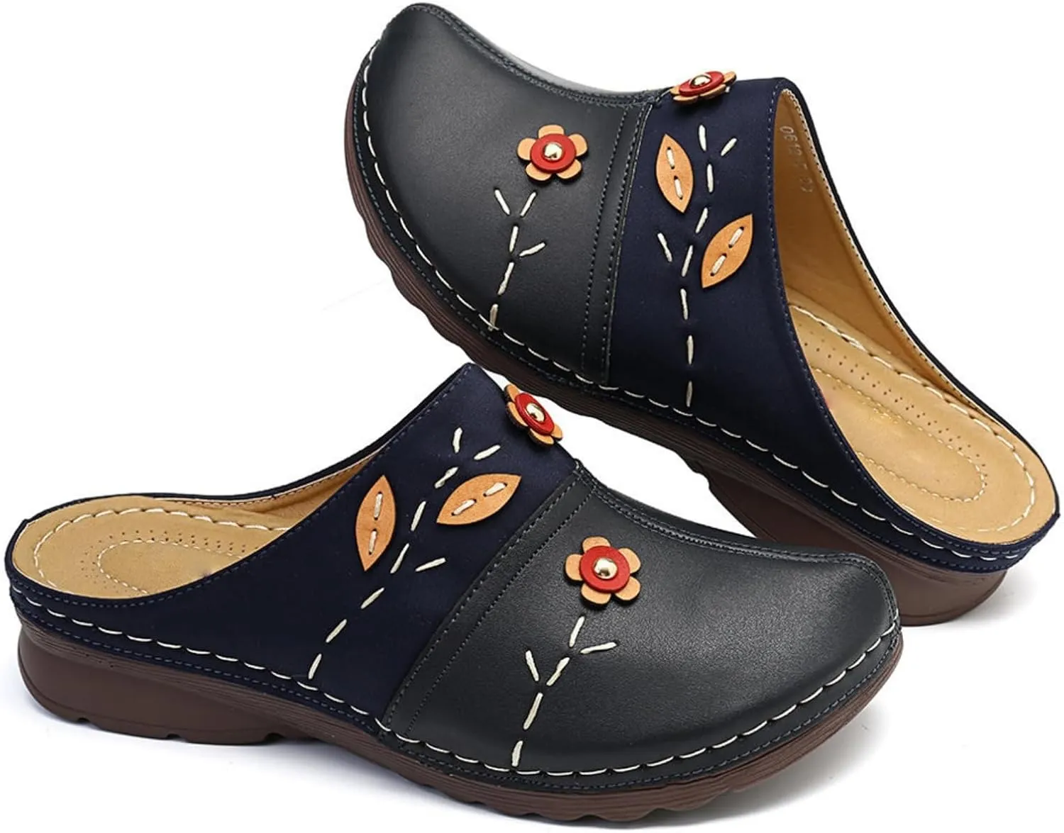 Clogs for Women Slip On Mules Wedge Orthopedic Sandals for Women with Arch Support Close Toe Slip On Soft Soles Flowers Wedge Sandal Comfortable Walking Sandals for Womens Lightweight Trendy Slippers