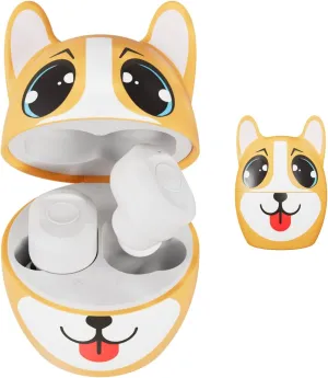 Coby Kids Earbuds Wireless Bluetooth  Chloe The Corgi Character Wireless Ear Buds, 24-HR Total Play, Water Resistant, Button Controls, Cute Carrying Case for Children