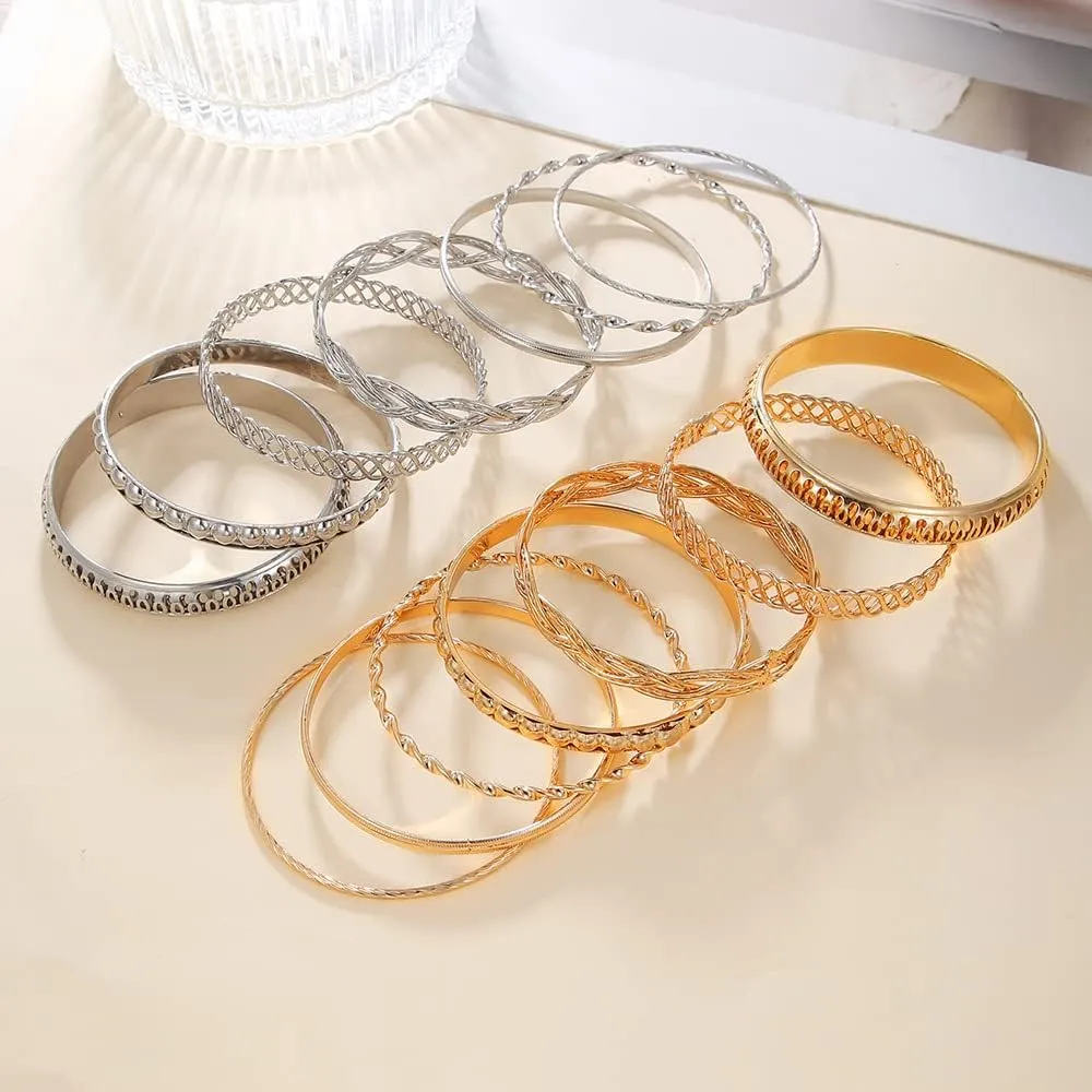 COLORFUL BLING 5-12Pcs Boho Indian Bangles for Women Twisted Chunky Stackable Cuff Bangle Statement Jewelry Handcuffs Wedding Layered Cable Smooth Bracelets Set