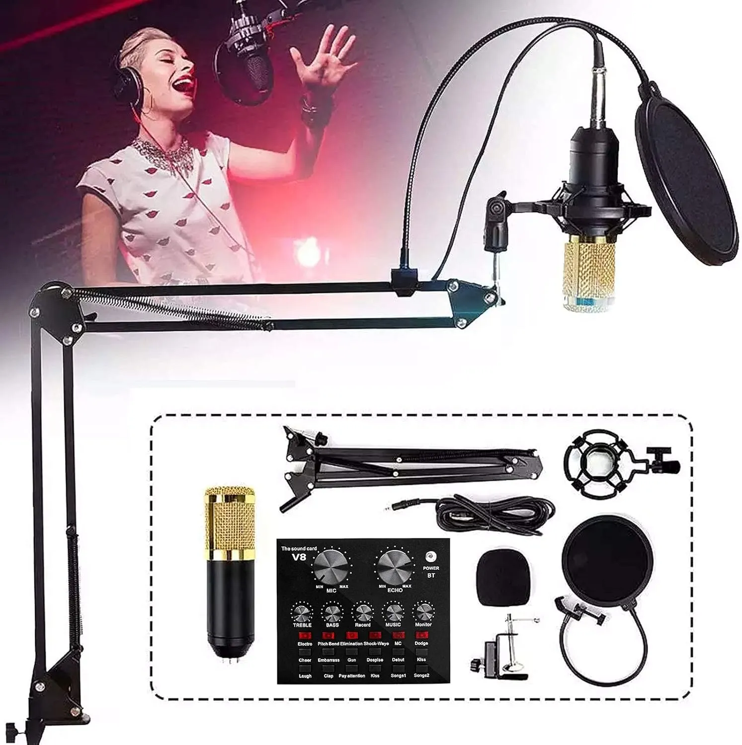 Condenser Microphone Bundle, Streaming Kit,Microphones, for Podcasting with Live Sound Card, Adjustable Mic Suspension Scissor Arm Vocal Microphones