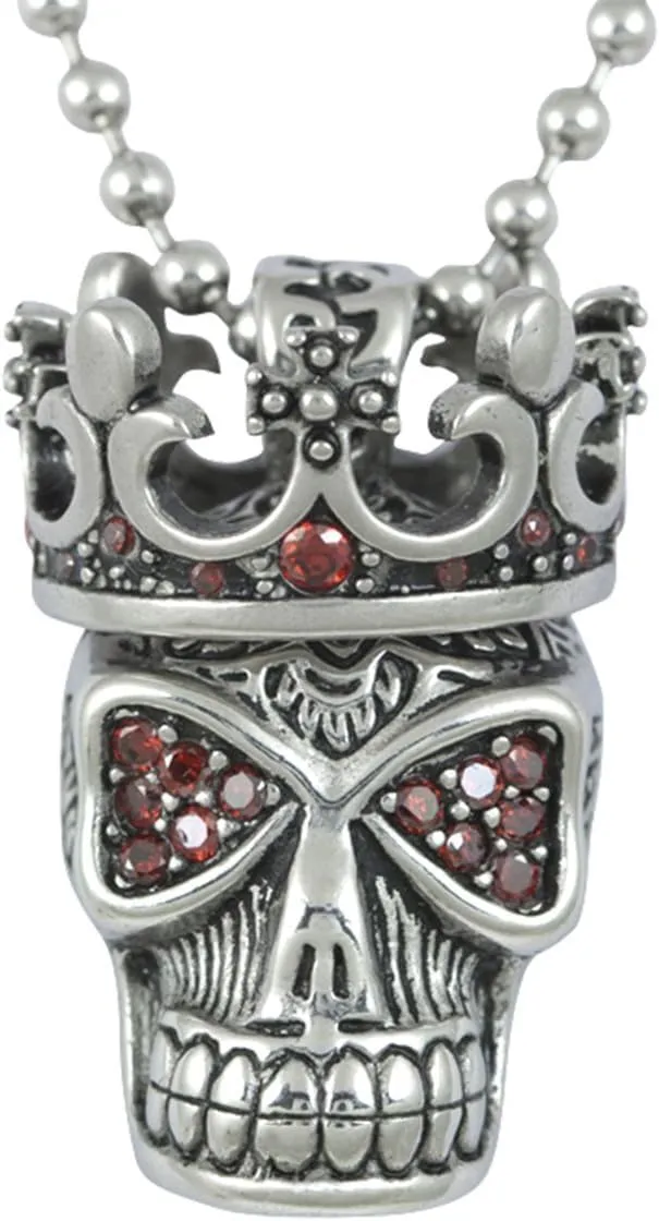 Controse Women's/Men's Silver-Toned Stainless Steel Red Fire Skull with Crown Necklace