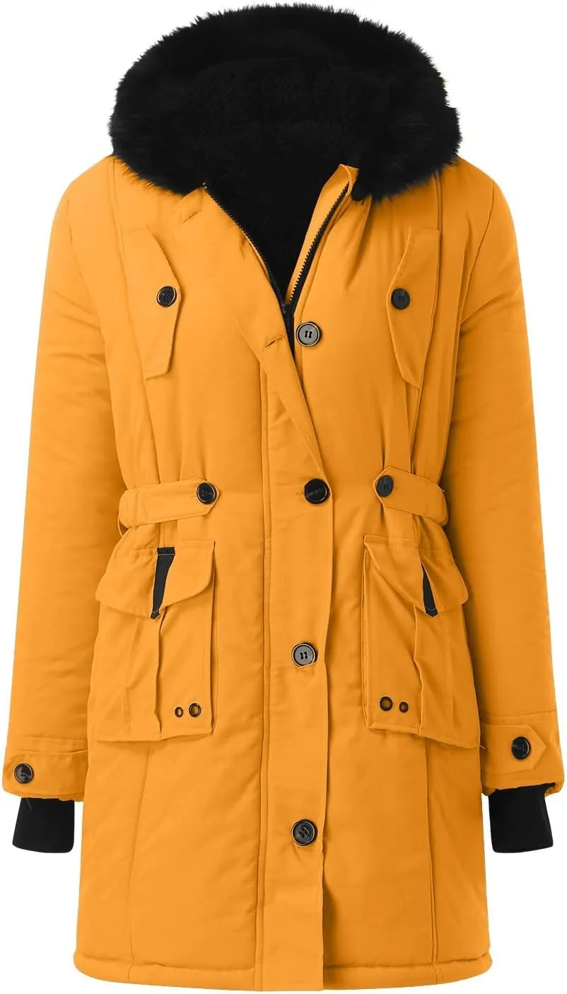 cooki Winter Coats for Women Fleece Lined Puffer Coat Women Long Down Coat Warm Parkas Fur Hooded Outwear Drawstring Overcoat