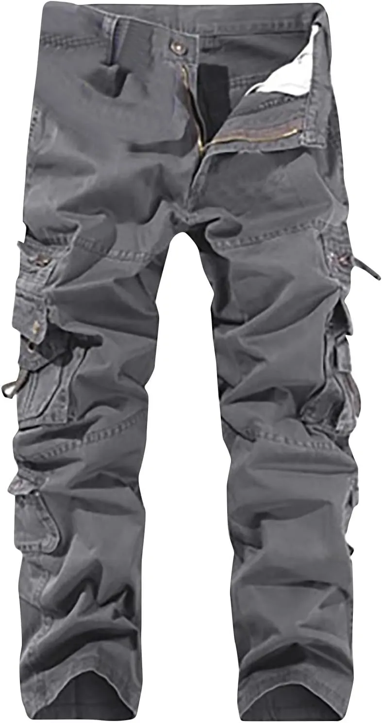 Cotton Cargo Pants Men with Pockets Button Elastic Waist Straight Leg Summer Breathable Loose Trousers