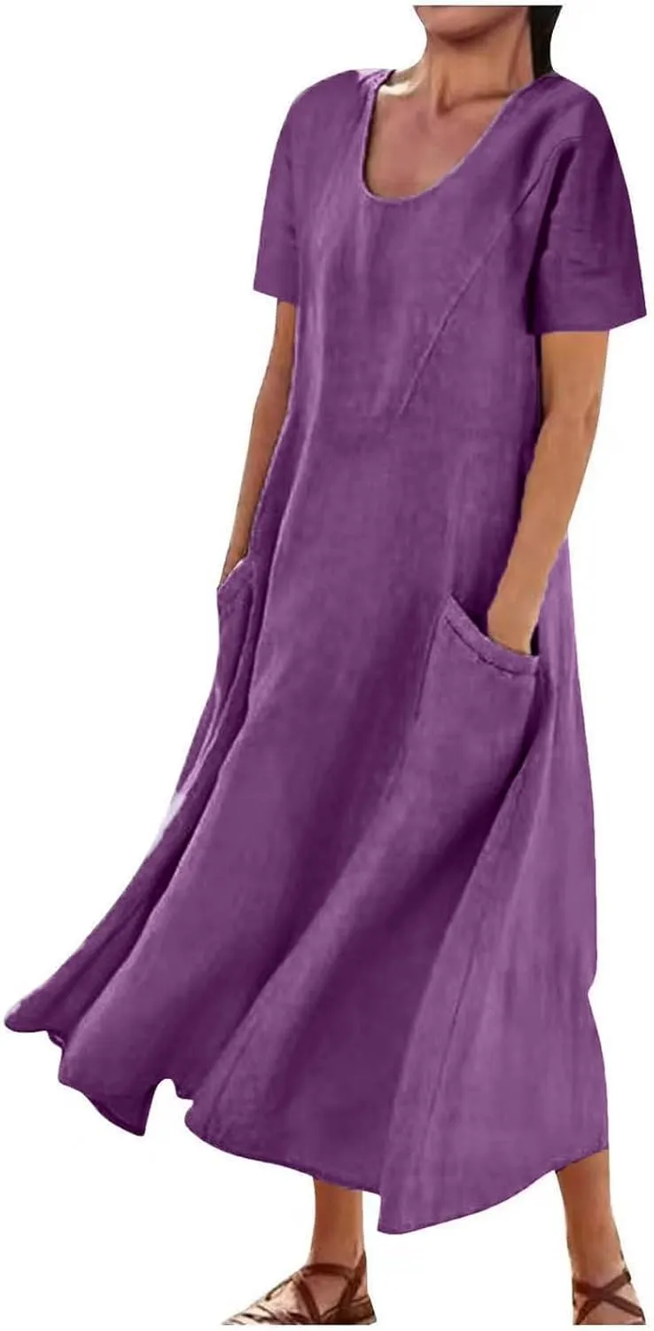Cotton Linen Dress for Women Summer Short Sleeve Solid Sundress Casual Baggy Flowy Beach Maxi Dresses with Pockets