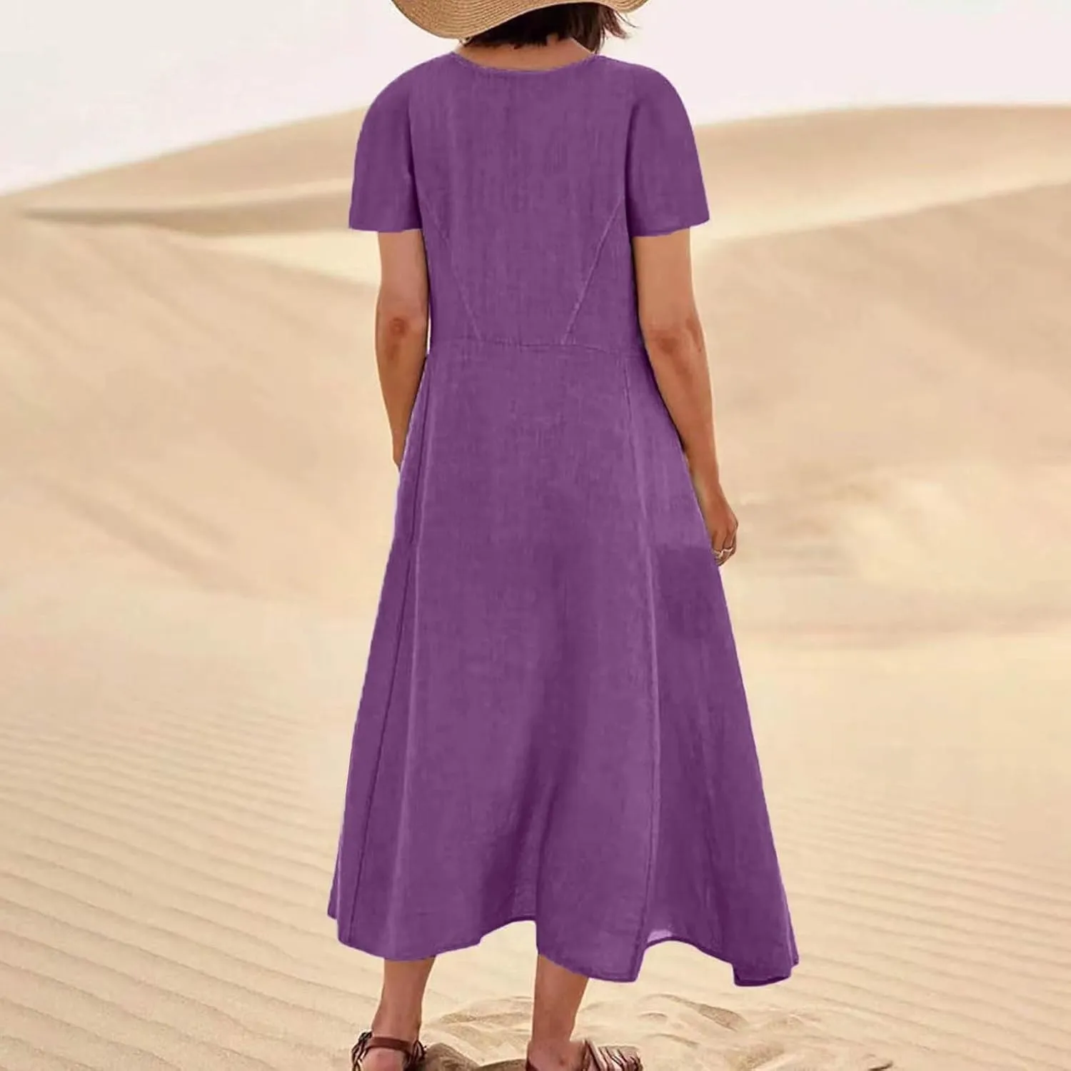 Cotton Linen Dress for Women Summer Short Sleeve Solid Sundress Casual Baggy Flowy Beach Maxi Dresses with Pockets