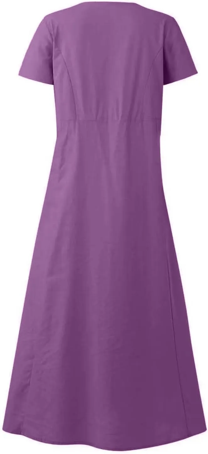 Cotton Linen Dress for Women Summer Short Sleeve Solid Sundress Casual Baggy Flowy Beach Maxi Dresses with Pockets
