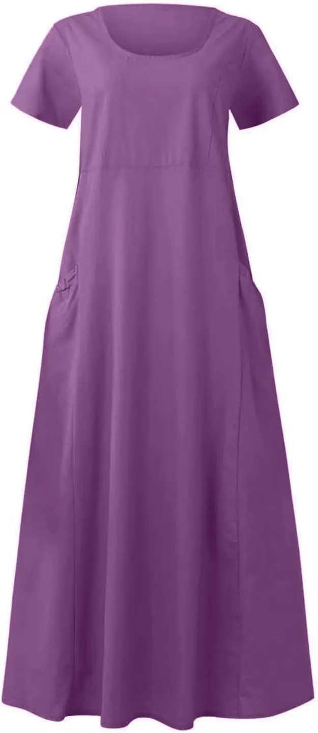 Cotton Linen Dress for Women Summer Short Sleeve Solid Sundress Casual Baggy Flowy Beach Maxi Dresses with Pockets