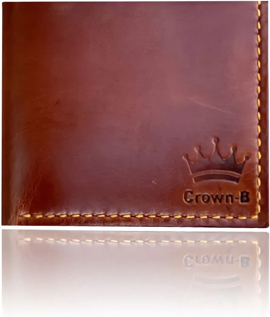 Crown-B Men's Bifold Leather RFID Blocking Wallet Genuine Crazy Horse Leather 100% Handmade Wallet Premium Quality