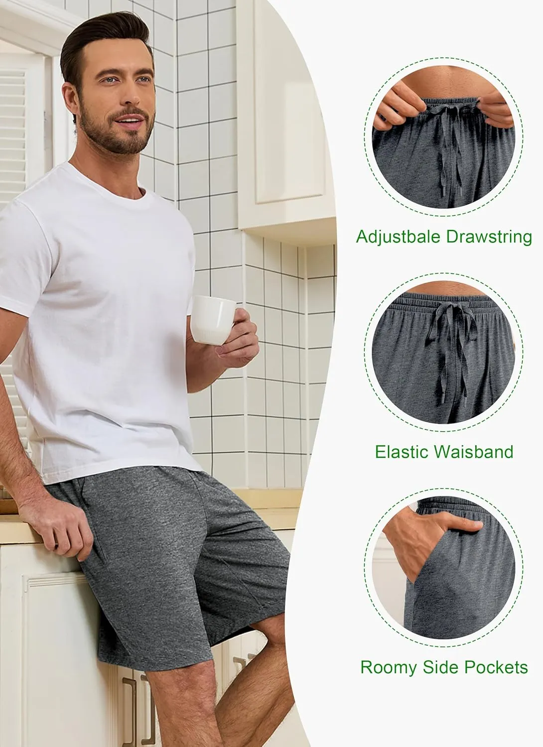 EA'S SECRET Mens Pajama Shorts Bamboo Drawstring Men's Sleep Shorts Soft Lounge Pajama Bottoms with Pockets 2 Pack