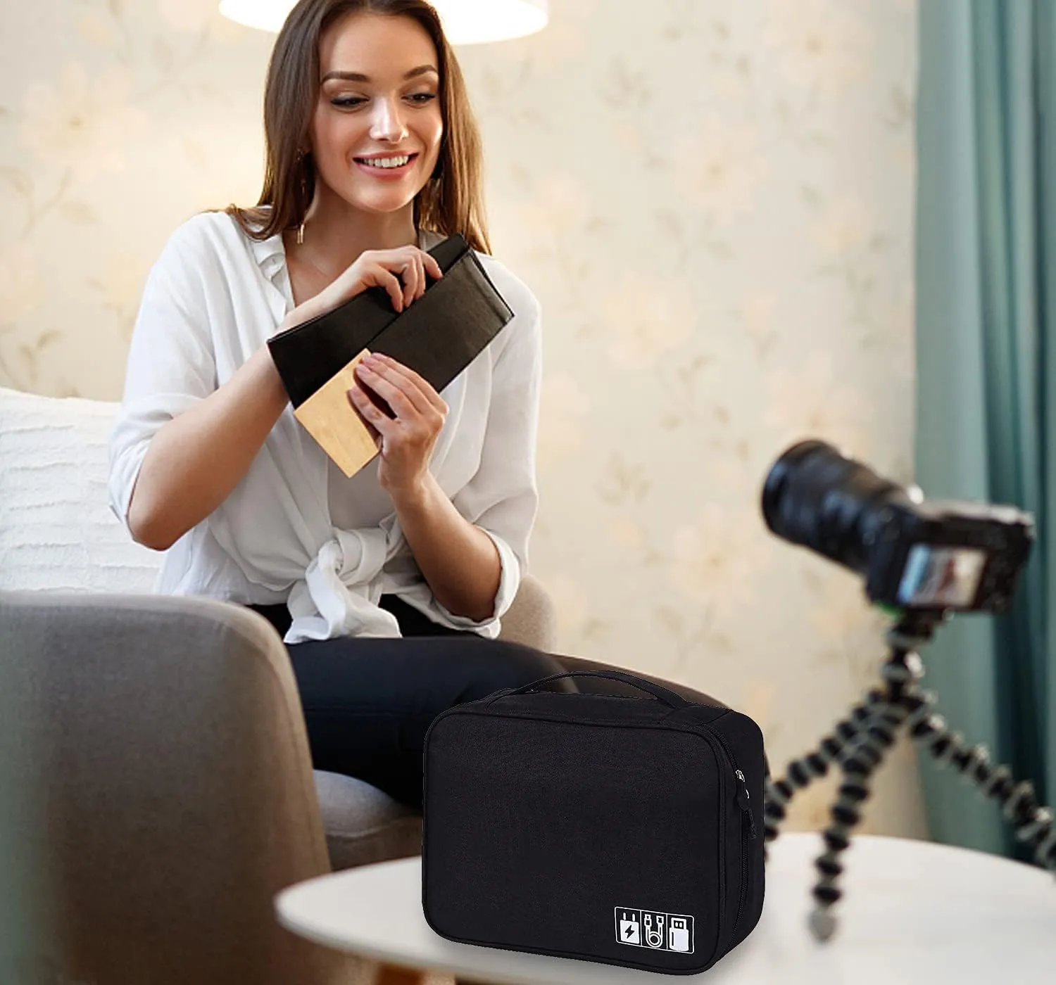 Electronic Accessories Organizer, Portable Travel Cable Storage Bag Tech Pouch with Adjustable Compartments Water-Resistant Handbag for Smart Device Cords Chargers Hard Drives Gadgets
