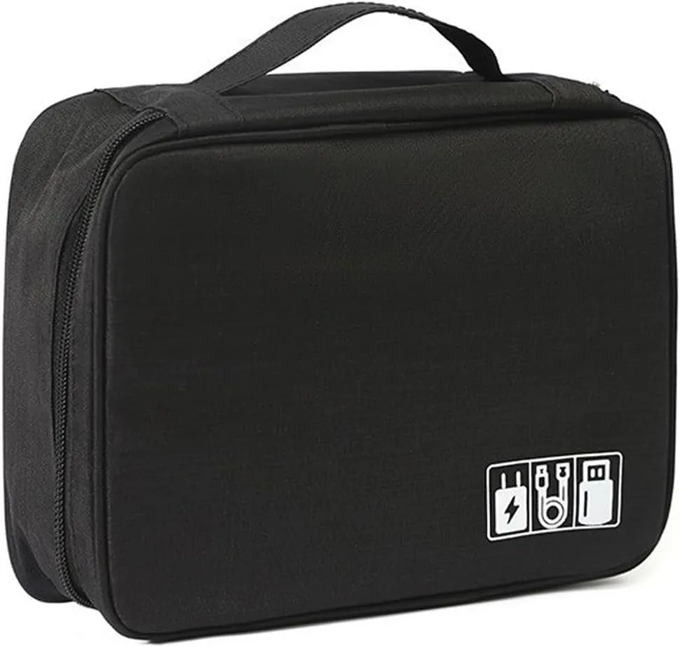 Electronics Organizer Bag , Cationic Fabric Travel Organizer Bag, Portable Waterproof Double Layer Storage bag, Suitable for Storing Wires, Cell phones, Chargers, Flash drives, SD cards (Black)