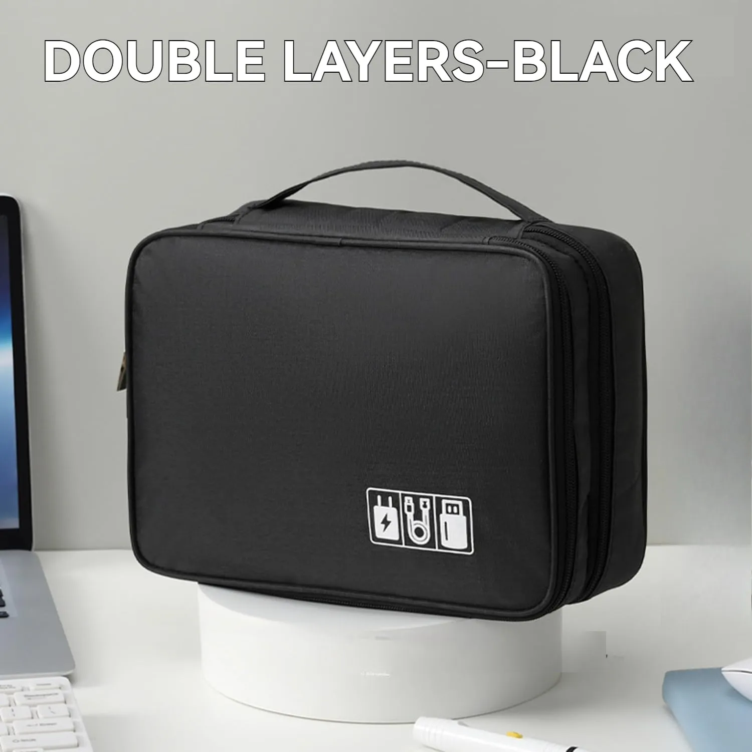 Electronics Organizer Bag , Cationic Fabric Travel Organizer Bag, Portable Waterproof Double Layer Storage bag, Suitable for Storing Wires, Cell phones, Chargers, Flash drives, SD cards (Black)