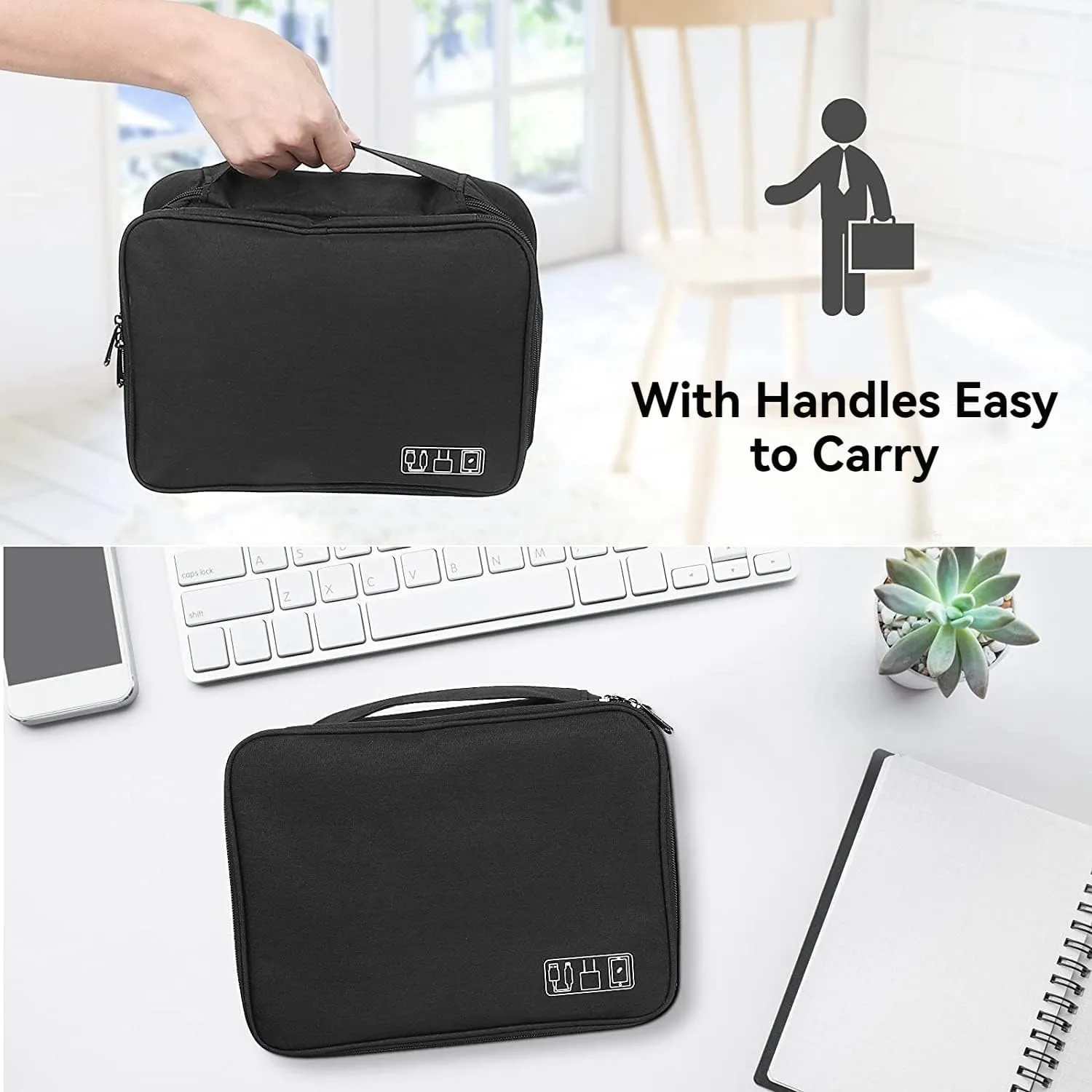 Electronics Organizer Bag , Cationic Fabric Travel Organizer Bag, Portable Waterproof Double Layer Storage bag, Suitable for Storing Wires, Cell phones, Chargers, Flash drives, SD cards (Black)