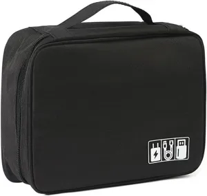 Electronics Organizer Bag , Cationic Fabric Travel Organizer Bag, Portable Waterproof Double Layer Storage bag, Suitable for Storing Wires, Cell phones, Chargers, Flash drives, SD cards (Black)