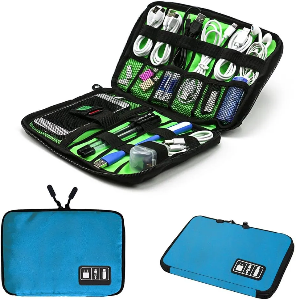 Electronics Phone Accessories Travel Bag Organizer, Waterproof Portable Cable Organizer Bag, Electronics Travel Gadget Carry Bag for Cables Cords Chargers Plugs etc(M,Blue)