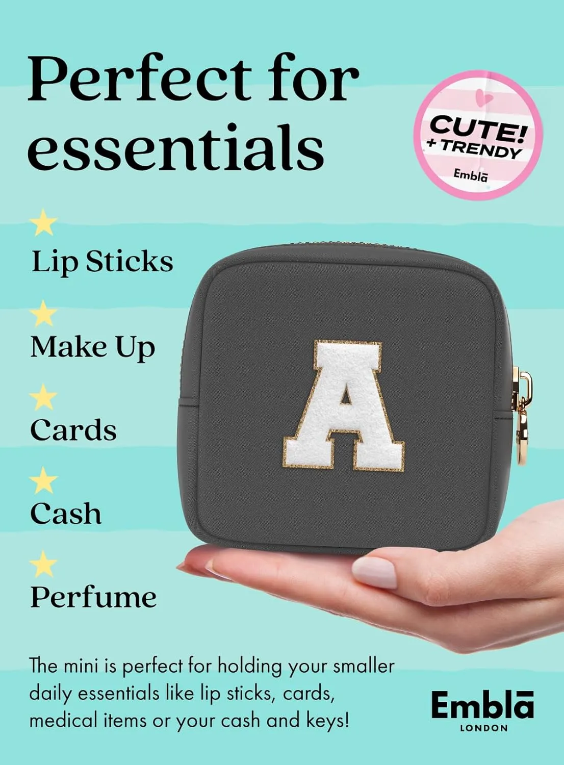 Embla Preppy Makeup Bag Travel Cosmetic Pouch, Cute Make up Case with Personalized Initial, Girls Zipper Pouch Purse Cosmetics Organizer Tote, Waterproof Travel Skincare Makeup Bag, Black (Letter T)