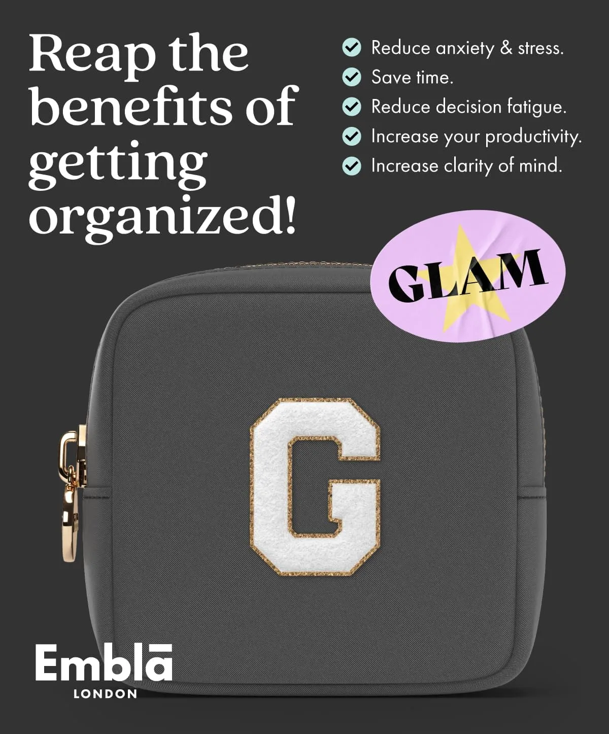 Embla Preppy Makeup Bag Travel Cosmetic Pouch, Cute Make up Case with Personalized Initial, Girls Zipper Pouch Purse Cosmetics Organizer Tote, Waterproof Travel Skincare Makeup Bag, Black (Letter T)