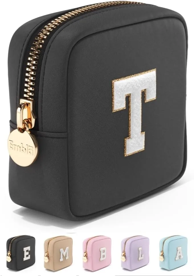 Embla Preppy Makeup Bag Travel Cosmetic Pouch, Cute Make up Case with Personalized Initial, Girls Zipper Pouch Purse Cosmetics Organizer Tote, Waterproof Travel Skincare Makeup Bag, Black (Letter T)