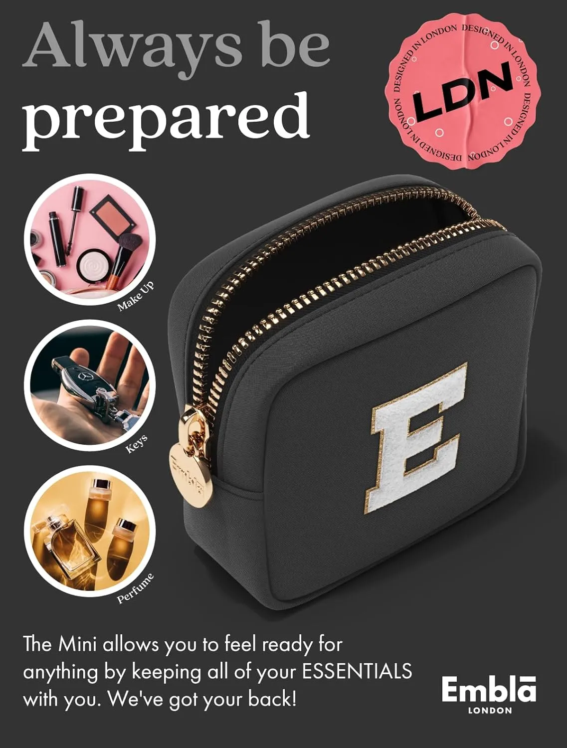 Embla Preppy Makeup Bag Travel Cosmetic Pouch, Cute Make up Case with Personalized Initial, Girls Zipper Pouch Purse Cosmetics Organizer Tote, Waterproof Travel Skincare Makeup Bag, Black (Letter T)