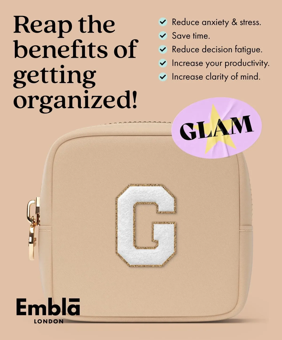 Embla Preppy Makeup Bag Travel Cosmetic Pouch, Cute Make up Case with Personalized Initial, Girls Zipper Pouch Purse Cosmetics Organizer Tote, Waterproof Travel Skincare Makeup Bag, Sand (Letter A)
