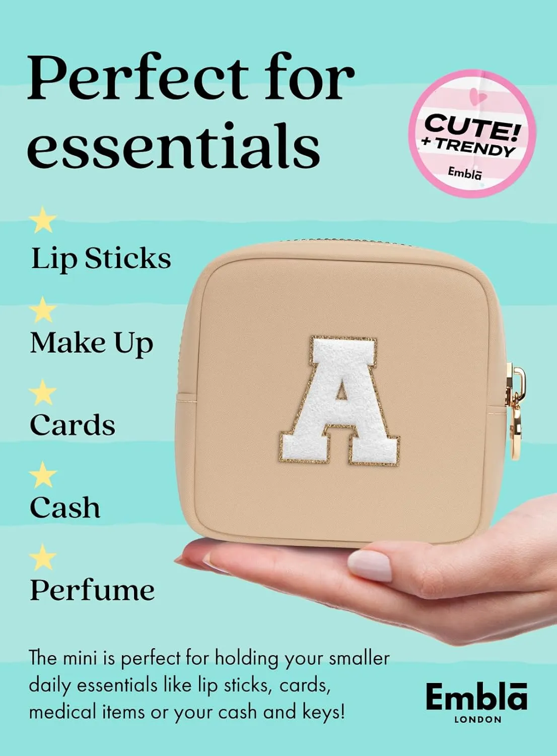 Embla Preppy Makeup Bag Travel Cosmetic Pouch, Cute Make up Case with Personalized Initial, Girls Zipper Pouch Purse Cosmetics Organizer Tote, Waterproof Travel Skincare Makeup Bag, Sand (Letter A)