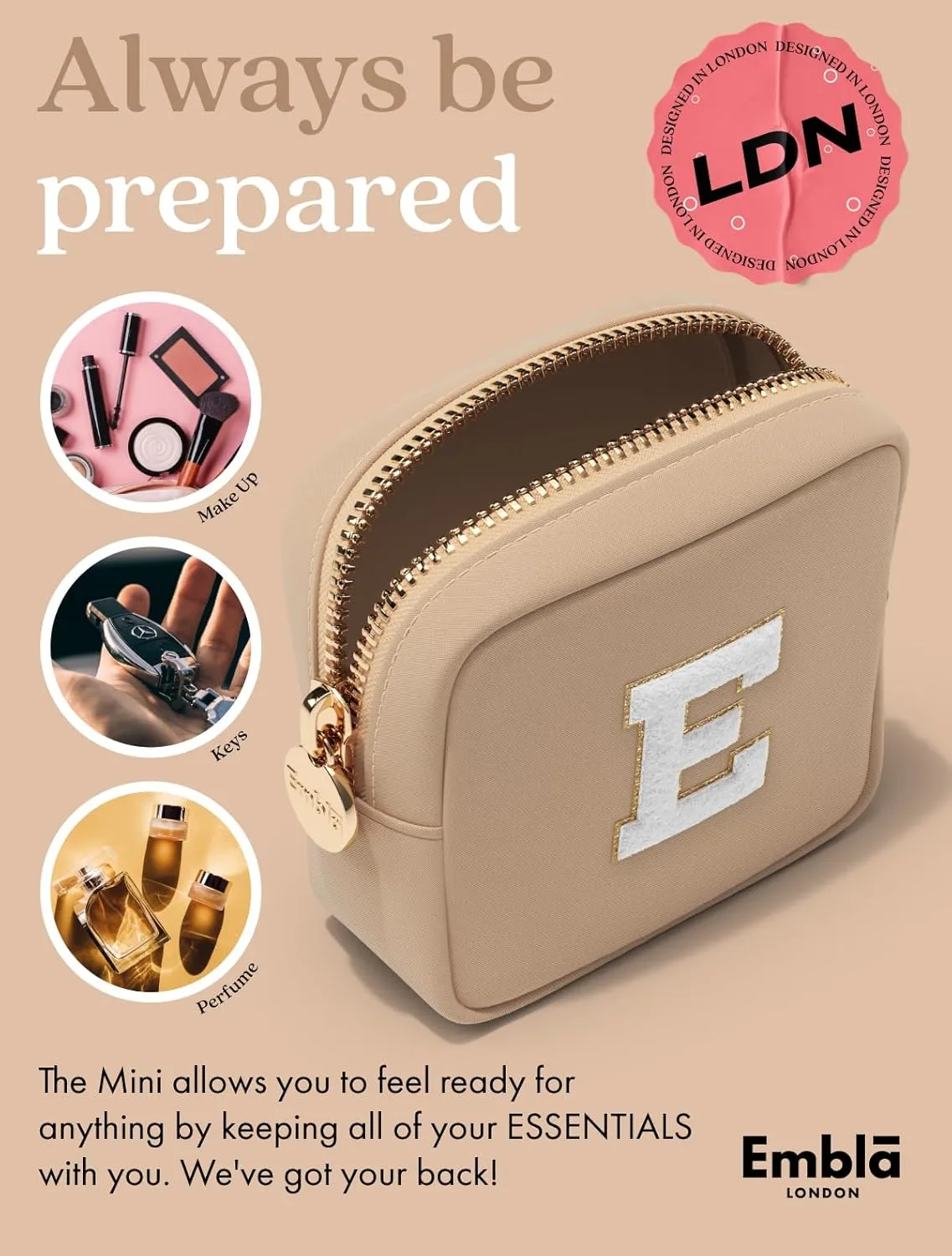 Embla Preppy Makeup Bag Travel Cosmetic Pouch, Cute Make up Case with Personalized Initial, Girls Zipper Pouch Purse Cosmetics Organizer Tote, Waterproof Travel Skincare Makeup Bag, Sand (Letter A)