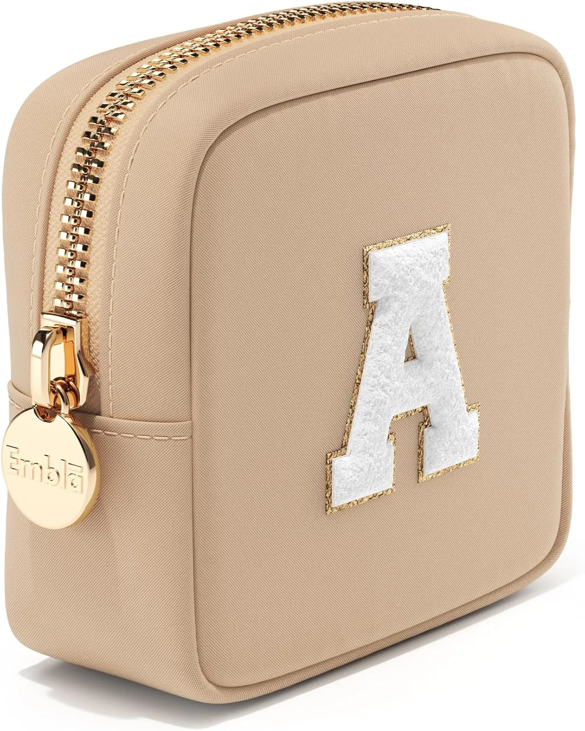 Embla Preppy Makeup Bag Travel Cosmetic Pouch, Cute Make up Case with Personalized Initial, Girls Zipper Pouch Purse Cosmetics Organizer Tote, Waterproof Travel Skincare Makeup Bag, Sand (Letter A)