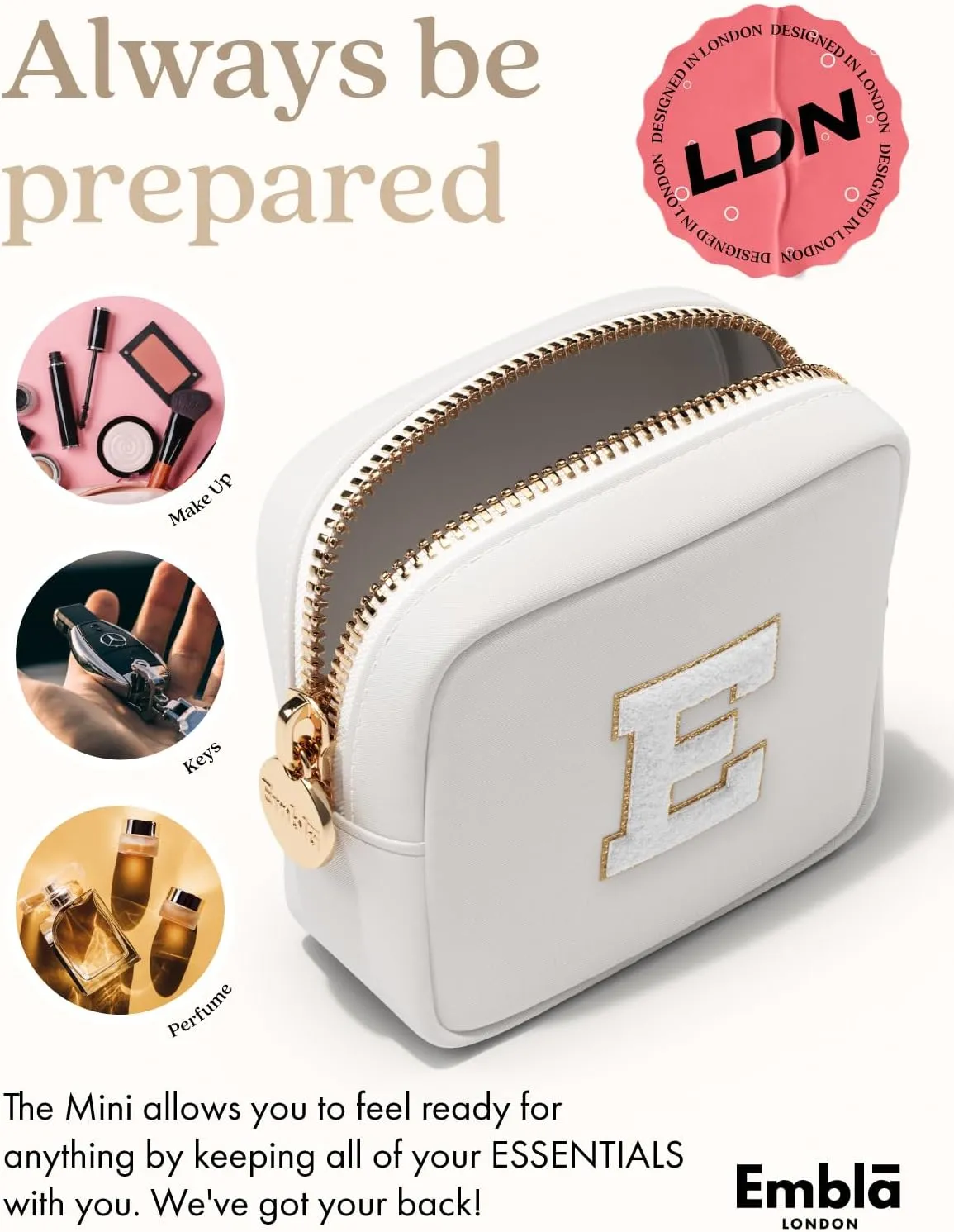 Embla Preppy Makeup Bag Travel Cosmetic Pouch, Cute Make up Case with Personalized Initial, Girls Zipper Pouch Purse Cosmetics Organizer Tote, Waterproof Travel Skincare Makeup Bag, White (Letter A)