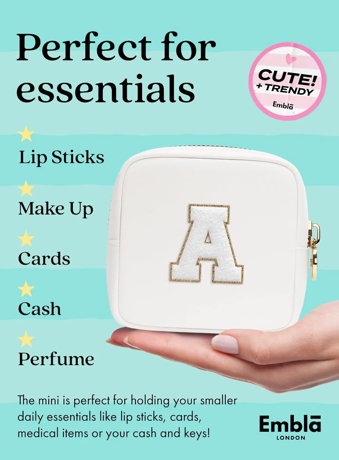 Embla Preppy Makeup Bag Travel Cosmetic Pouch, Cute Make up Case with Personalized Initial, Girls Zipper Pouch Purse Cosmetics Organizer Tote, Waterproof Travel Skincare Makeup Bag, White (Letter A)