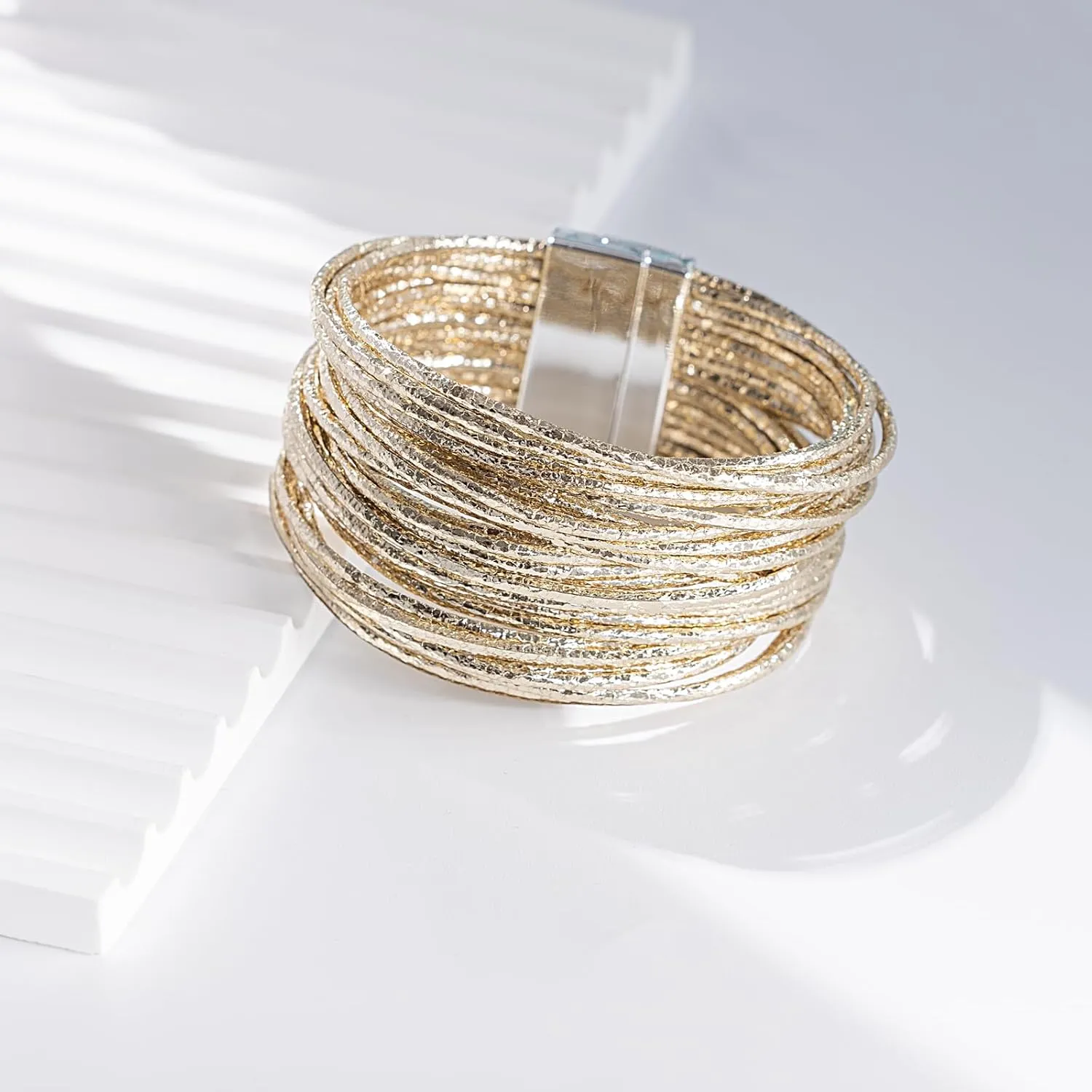 FANCY SHINY Boho Leather Bangle Bracelets Stackable Layer Wrap Strand Bracelets with Magnetic Clasp Handmade Trendy Jewelry for Women