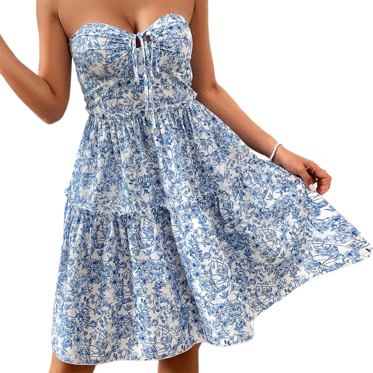 FEORJGP Womens Summer Boho Halter Neck Mini Dress Floral Print Sleeveless Backless Dress Beach Sundress Club Party Beachwear