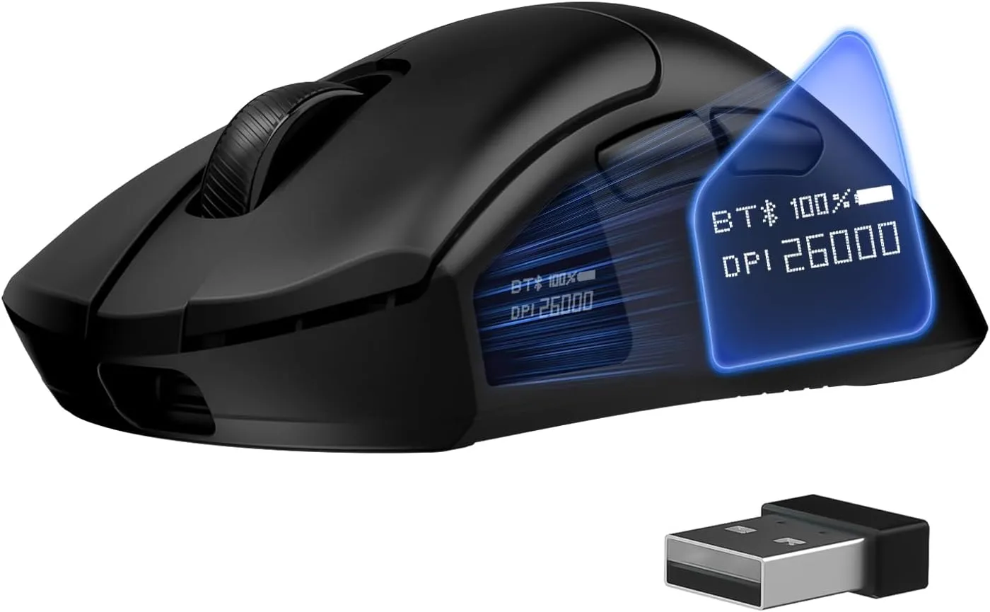 FFJ Wireless Gaming Mouse - 26000 DPI, 58G Ultra-Lightweight Gaming Mice with Screen Display, 3 Modes 2.4GHz/Bluetooth/Wired, APP Programmable Buttons, Compatible with Mac Laptop Xbox PC PS5 Black
