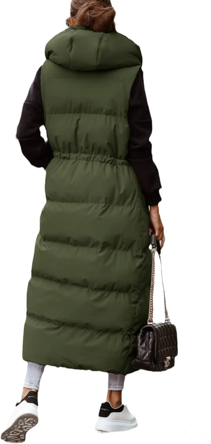 Flygo Womens Long Puffer Maxi Length Vest Quilted Padded Vests Sleeveless Hooded Insulated Down Jackets Outerwear
