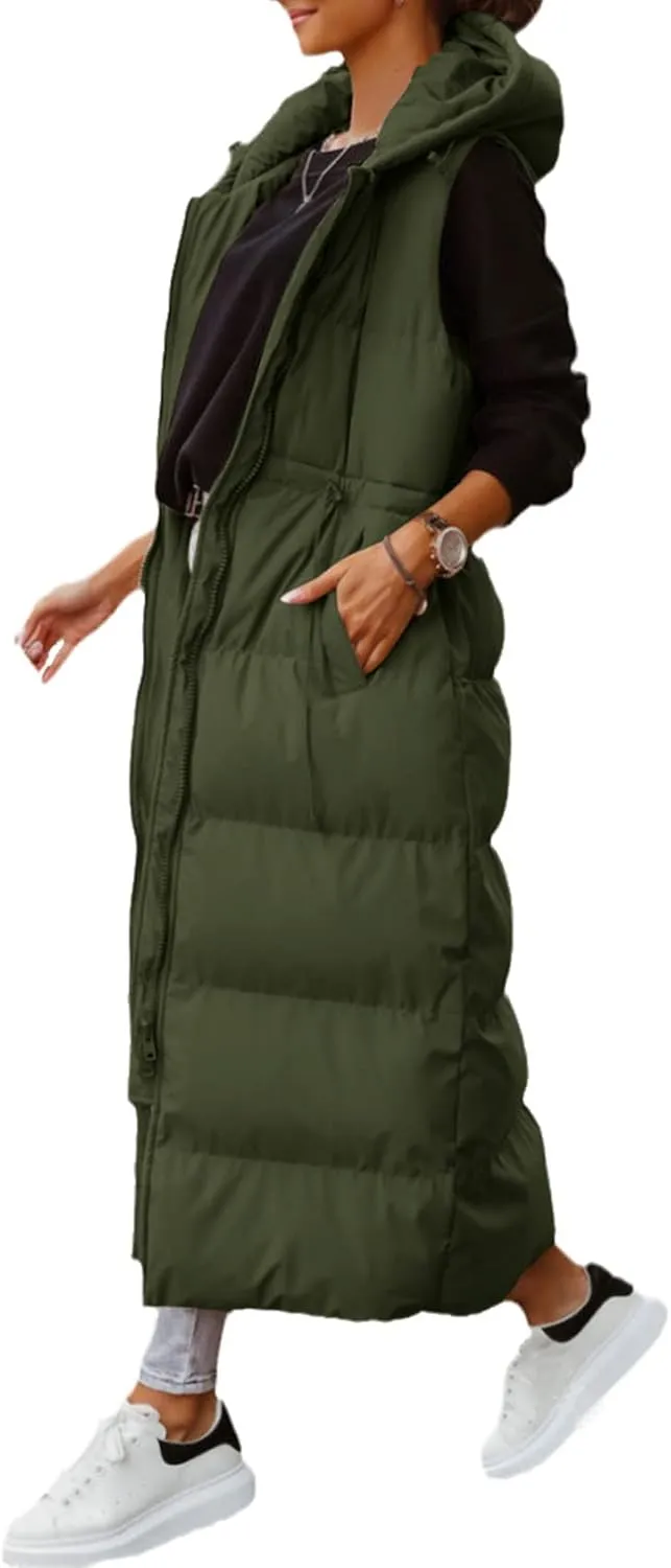 Flygo Womens Long Puffer Maxi Length Vest Quilted Padded Vests Sleeveless Hooded Insulated Down Jackets Outerwear