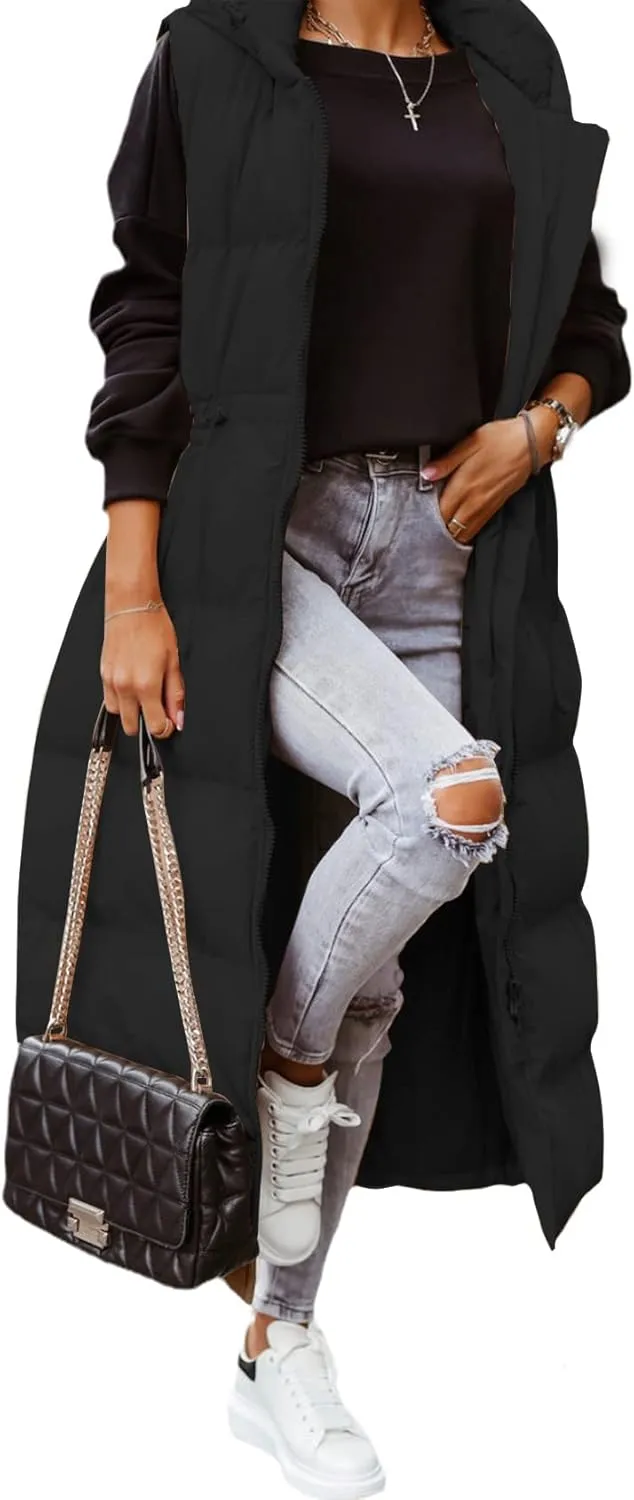 Flygo Womens Long Puffer Maxi Length Vest Quilted Padded Vests Sleeveless Hooded Insulated Down Jackets Outerwear