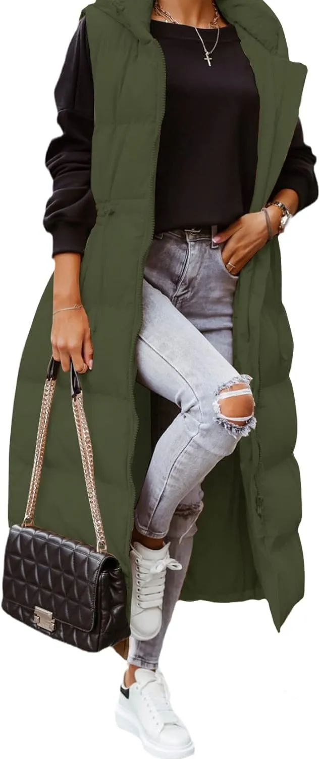 Flygo Womens Long Puffer Maxi Length Vest Quilted Padded Vests Sleeveless Hooded Insulated Down Jackets Outerwear