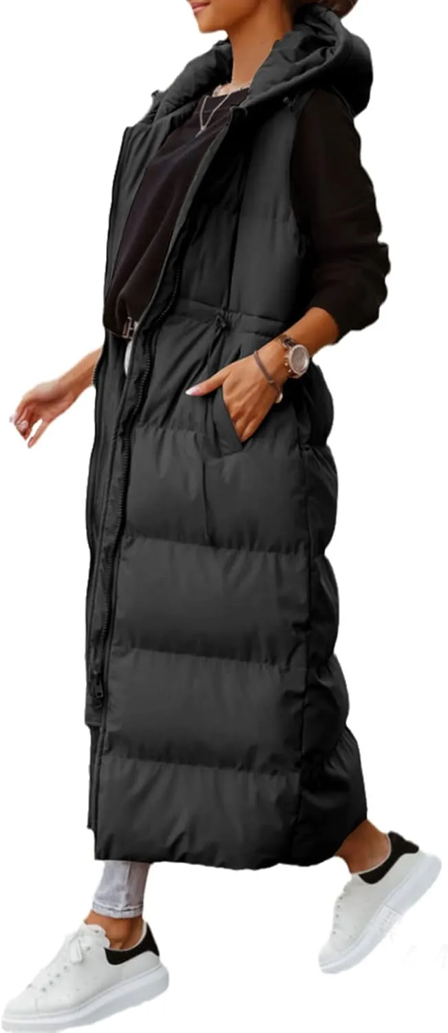 Flygo Womens Long Puffer Maxi Length Vest Quilted Padded Vests Sleeveless Hooded Insulated Down Jackets Outerwear