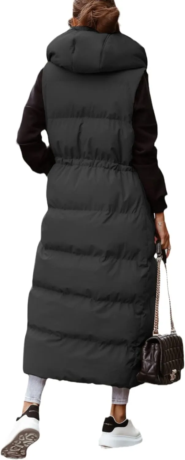 Flygo Womens Long Puffer Maxi Length Vest Quilted Padded Vests Sleeveless Hooded Insulated Down Jackets Outerwear