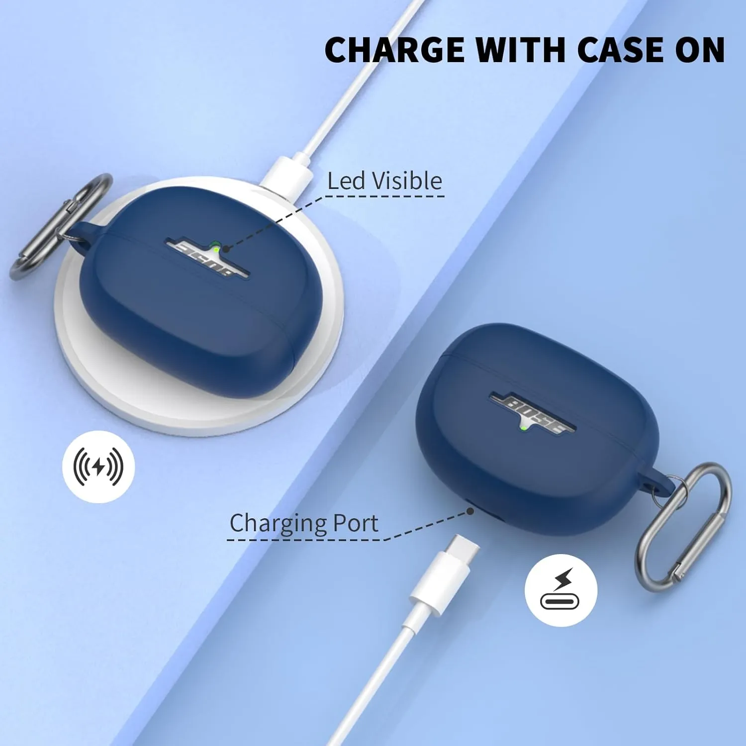 for New Bose Ultra Open Earbuds Case(2024), Silicone Shockproof Protective Cover for Bose Open Ear Wireless Earbuds Accessories with Carabiner(Blue)
