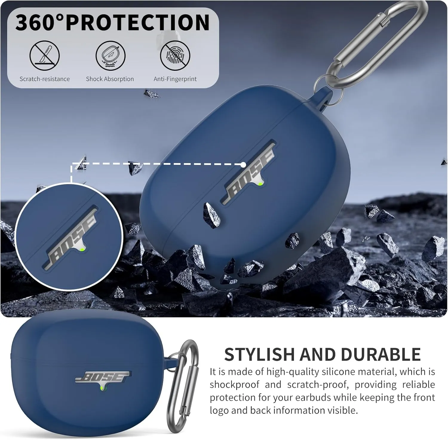 for New Bose Ultra Open Earbuds Case(2024), Silicone Shockproof Protective Cover for Bose Open Ear Wireless Earbuds Accessories with Carabiner(Blue)