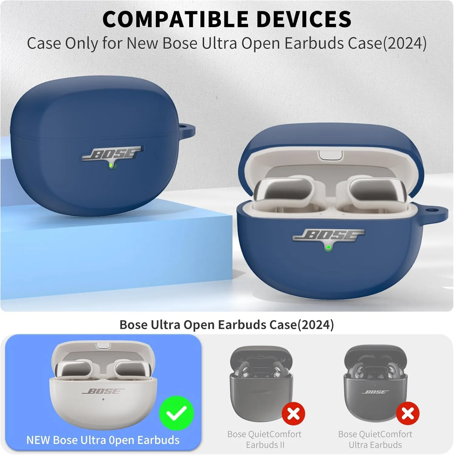 for New Bose Ultra Open Earbuds Case(2024), Silicone Shockproof Protective Cover for Bose Open Ear Wireless Earbuds Accessories with Carabiner(Blue)