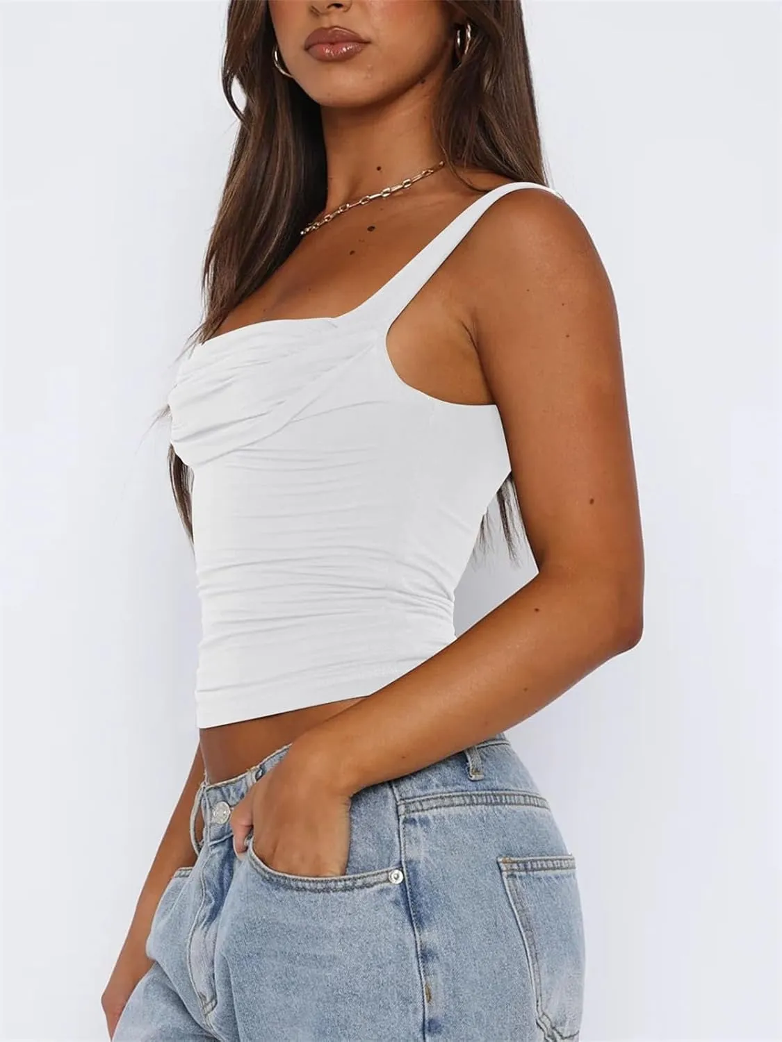 ForeFair Women Backless Ruched Tank Tops Sleeveless Square Neck Going Out Top Strappy Tight Slim Fit Cute Crop Top