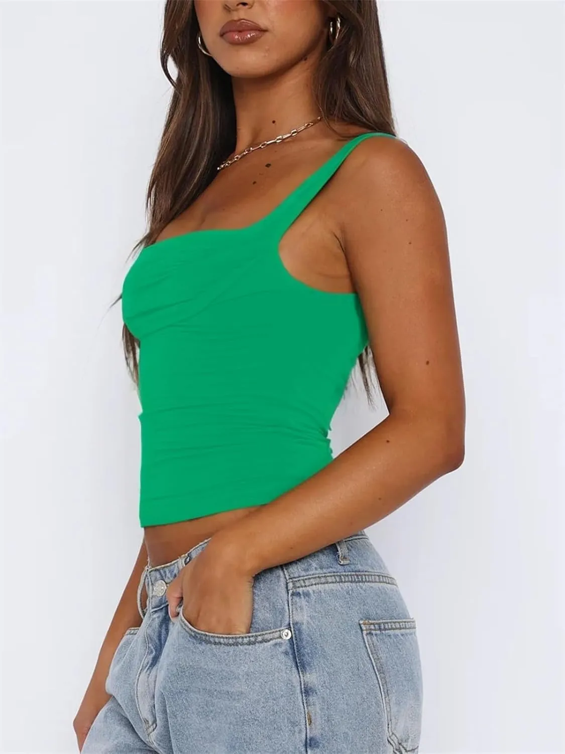 ForeFair Women Backless Ruched Tank Tops Sleeveless Square Neck Going Out Top Strappy Tight Slim Fit Cute Crop Top